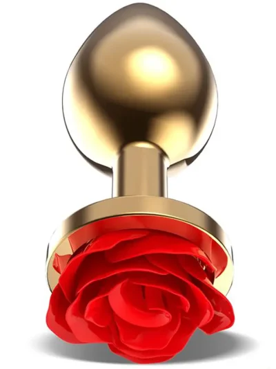 Golden Metal Anal Plug With Red Rose Medium - Anaaltapp metallist 1