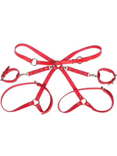 Handcuffs With Bondage Belt Red One Size - Reie- ja randmerakete komplekt 4