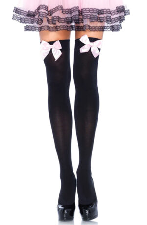 Nylon Thigh Highs With Bow Black/Pink - Sokid 1