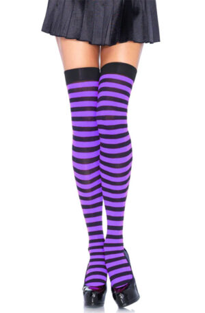 Striped Nylon Thigh Highs Black/Purple - Sukad 1